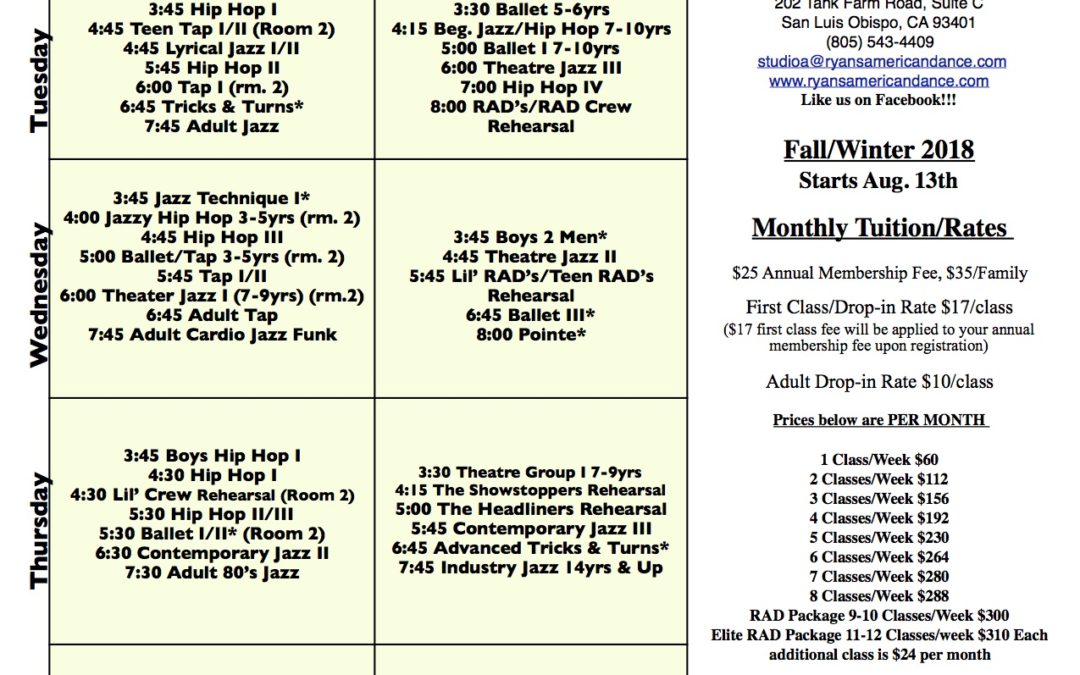 New Fall Schedule! Starts Aug. 13th