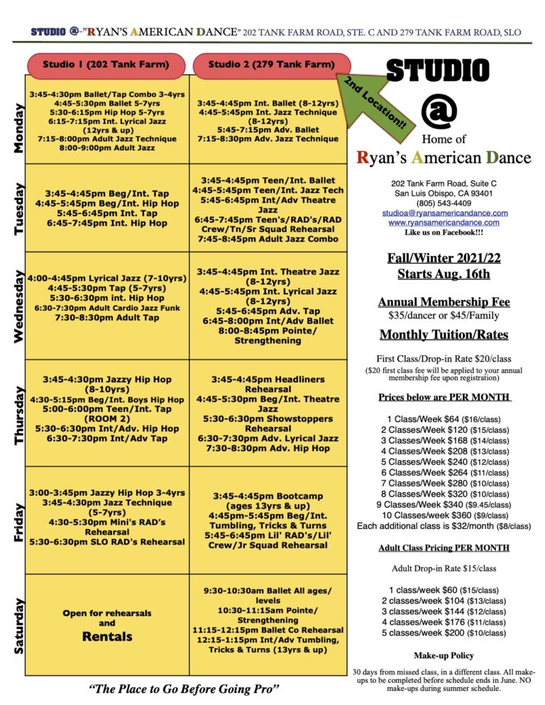 Current Class Schedule Fall 202122 Ryan's American Dance